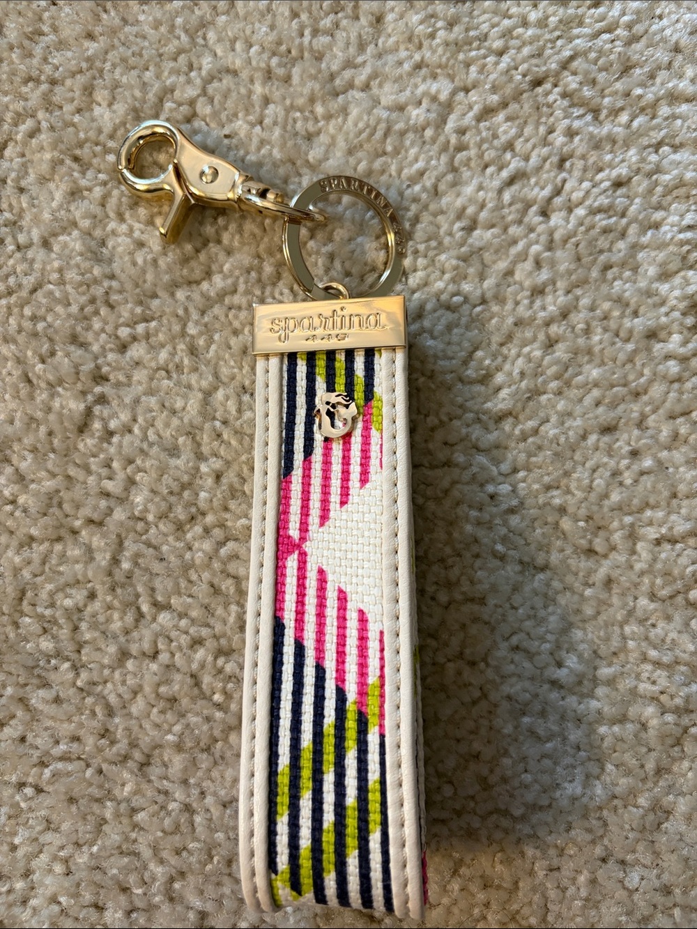 Spartina 449 Cream Canvas Key Fob with Pink, Navy & Lime geometric pattern NWOT